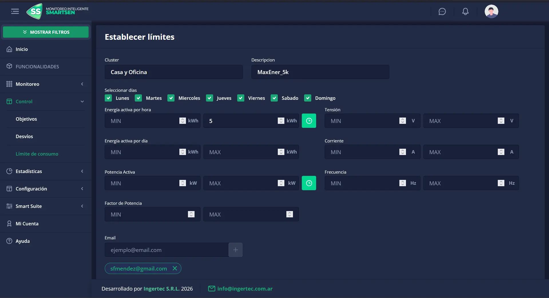 Configuración de alertas en Smartsen — umbrales máximo y mínimo por sector, horario activo y destinatarios de notificación por email
